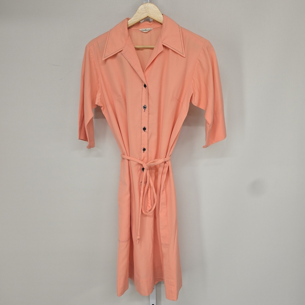 Vintage Lady Bayard Peach Mod Shirt Dress Belted 70s Retro Peach Coral